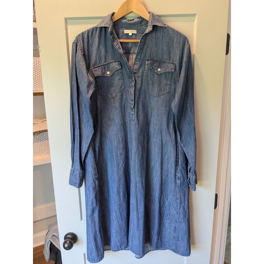 Ann Mashburn XS Denim Shirt Dress Long Sleeve Pockets Casual Organic Cotton
